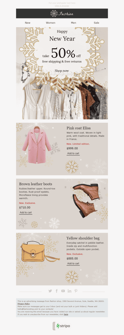 New Year Email Template "Snow Queen" for Fashion industrydesktop view