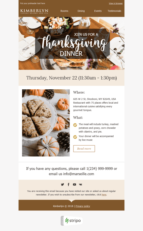 Plantilla de correo electrónico "Cena deliciosa" de Día de Acción de Gracias para la industria de HotelesVista de escritorio