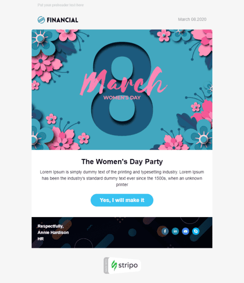 Women's Day Email Template «Corporate Party» for Human Resources industrydesktop view