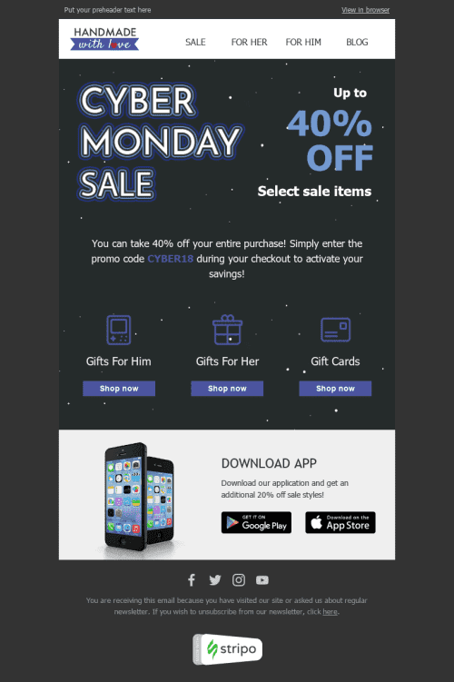 Cyber Monday Email Template "Interesting Gifts" for Books & Presents & Stationery industrydesktop view