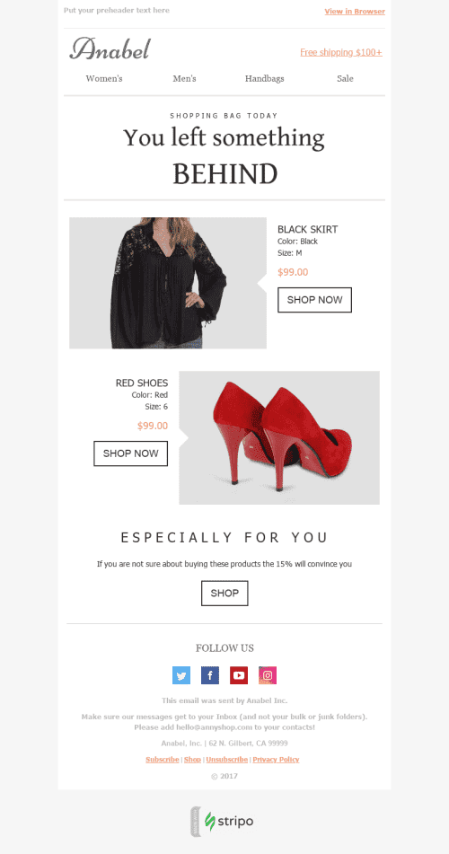 Abandoned Cart Email Template "The Forgotten Things" for Fashion industry mobile view