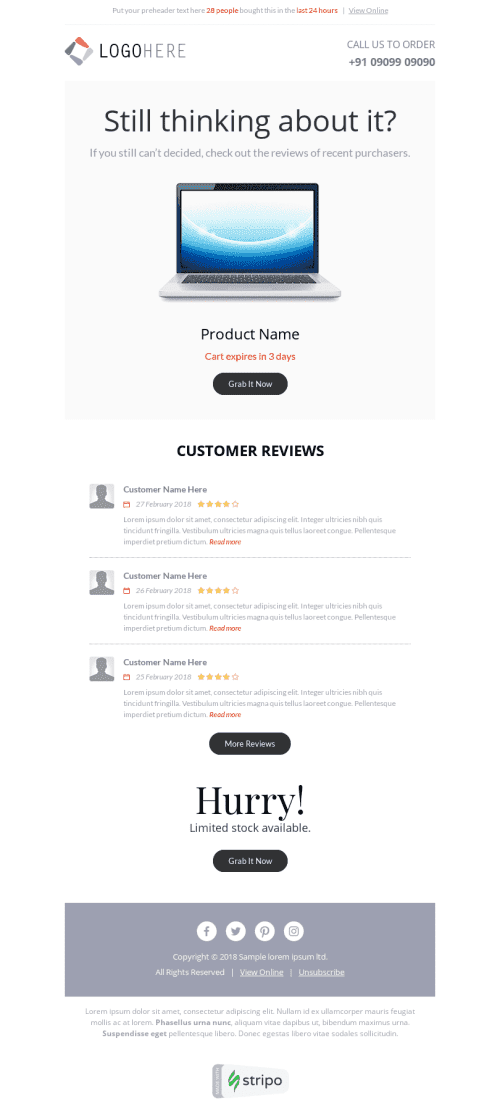 Abandoned Cart Email Template "Customer Reviews" for Gadgets industrydesktop view