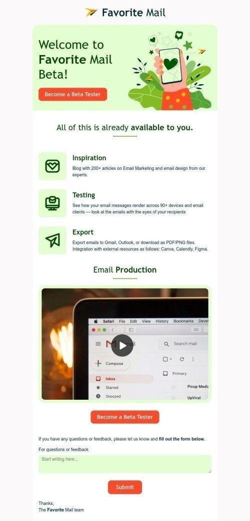 Announcement Email Template "Welcome to Favorite Mail Beta" for Software & Technology industry mobile view