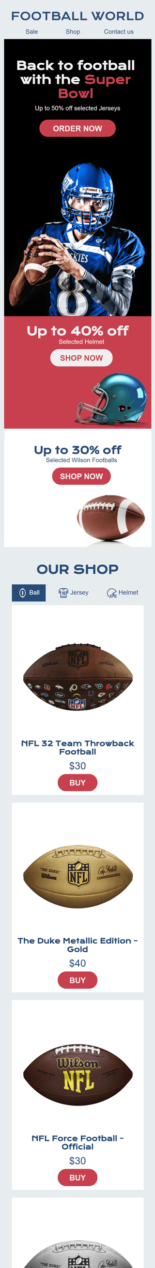 Super Bowl Email Template «Sport Attribute Shop» for Sports industry mobile view