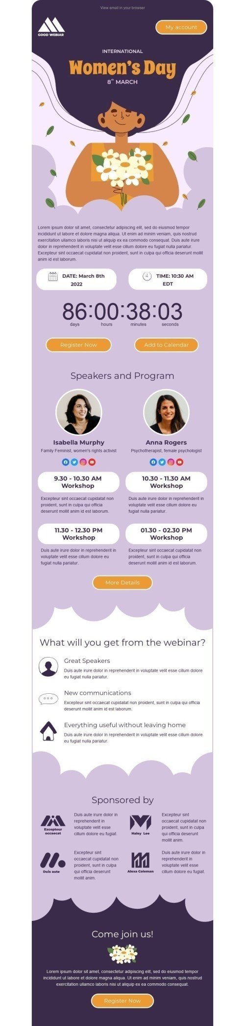 Women's Day Email Template "Webinar for women" for Webinars industry mobile view