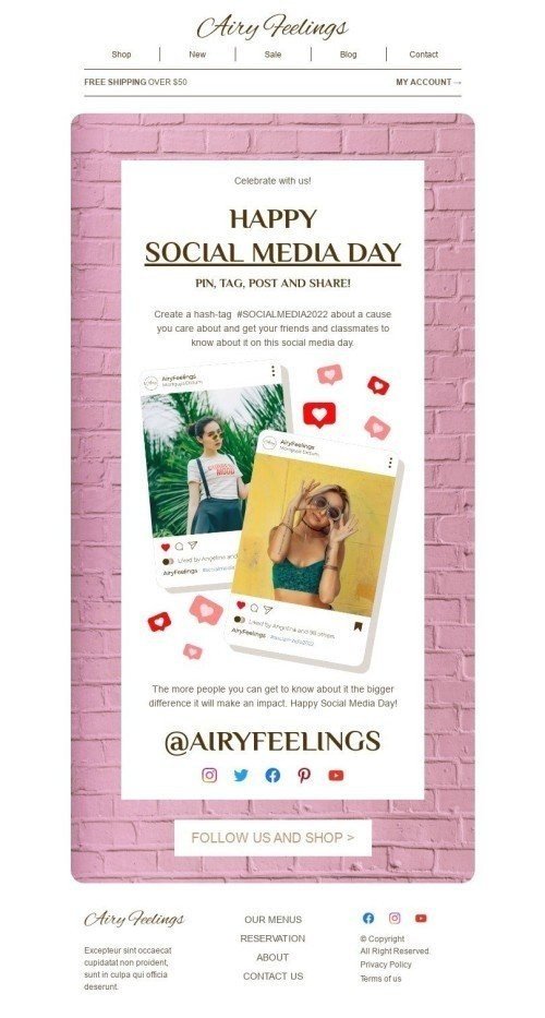 Social Media Day Email Template "Pin, tag, post and share" for Fashion industry mobile view