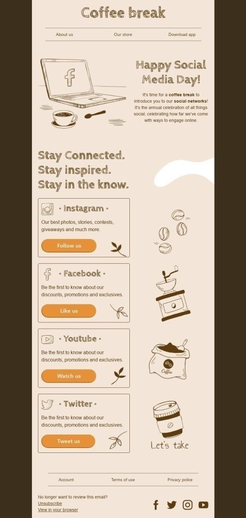 Social Media Day Email Template "Stay connected" for Beverages industry mobile view