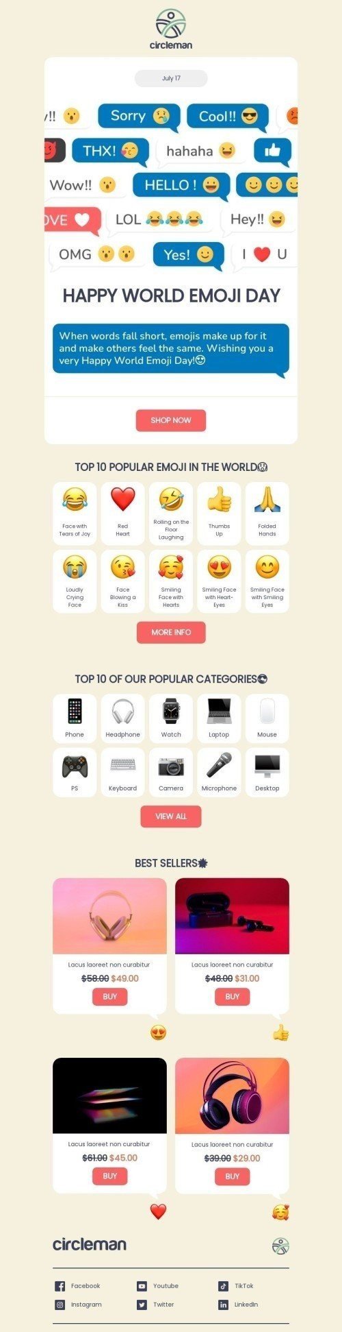 World Emoji Day Email Template "Top 10 popular emoji" for Gadgets industry mobile view