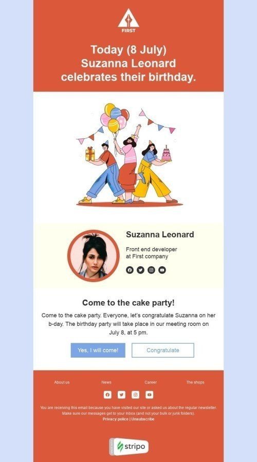 Personal Note Email Template "Come to the cake party!" for Design industry mobile view