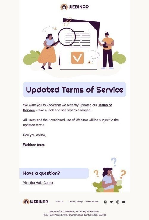 Terms of Service Email Template "Updated Terms of Service" for Webinars industrydesktop view