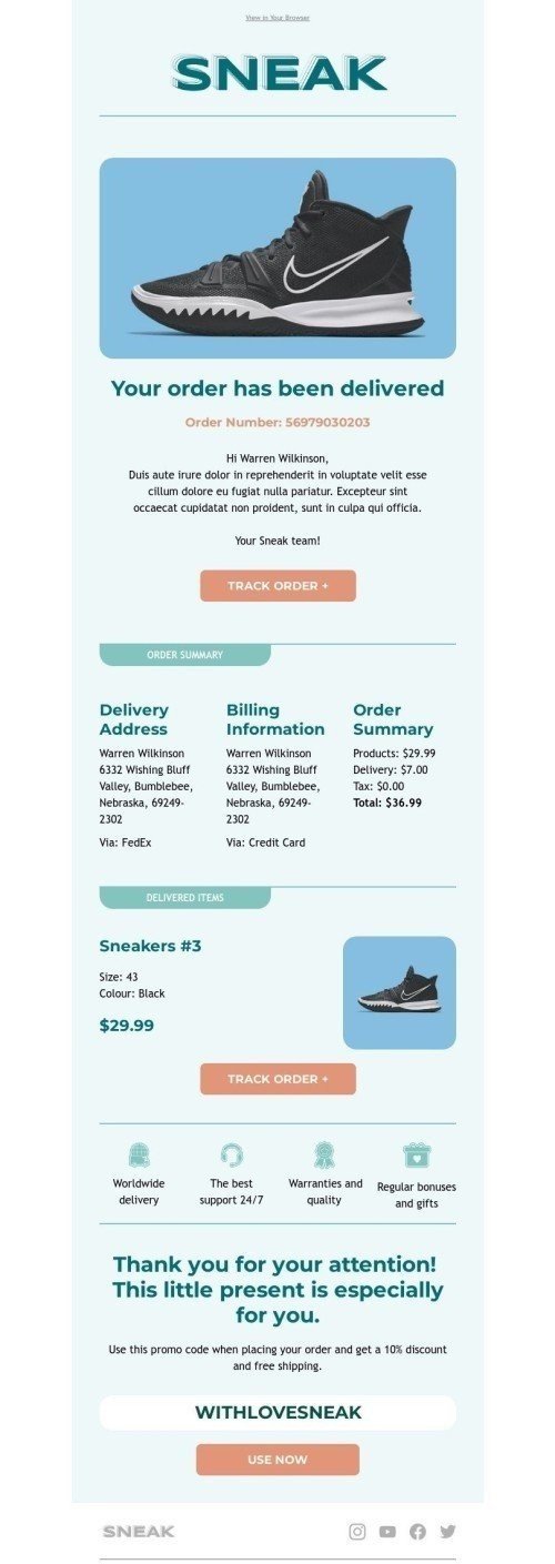 Delivery Email Template "Your order has been delivered" for Sports industry mobile view