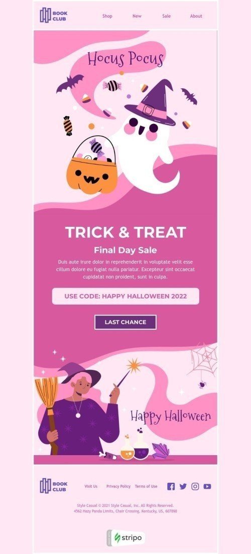 Halloween E-Mail-Vorlage «Süßes und Saures» für Bücher & Geschenke & Schreibwaren-BrancheDesktop-Ansicht