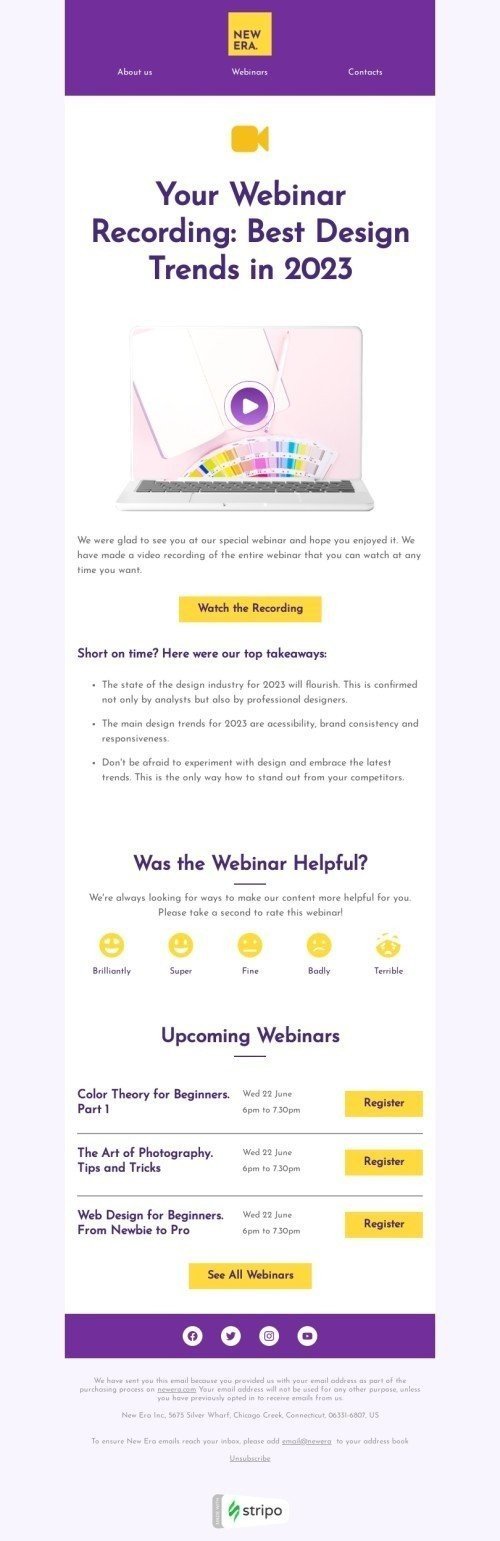 Confirmation email template "Your webinar recording" for webinars industrydesktop view