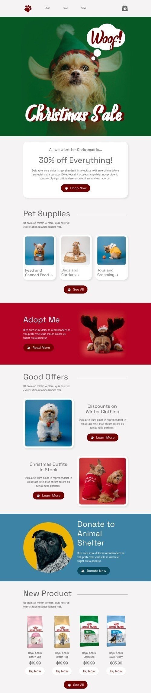 Christmas email template "All we want for Christmas is..." for pets industry mobile view