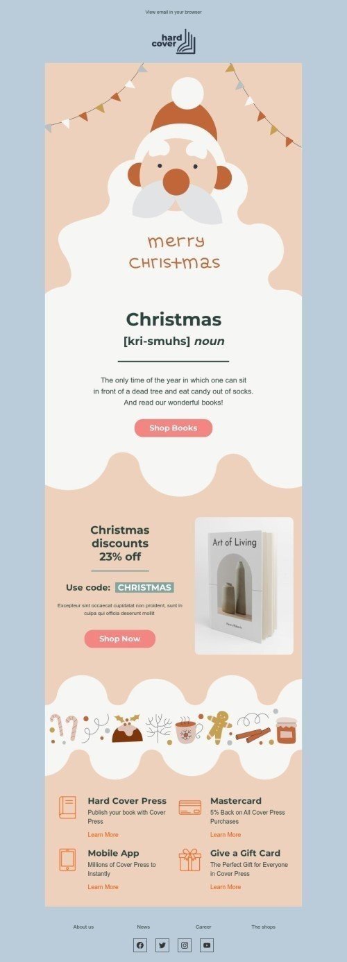 Christmas email template "Read our wonderful books" for books & presents & stationery industry mobile view