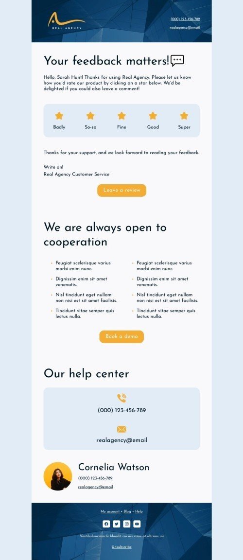 Customer service email template «Your feedback matters!» for business industry mobile view