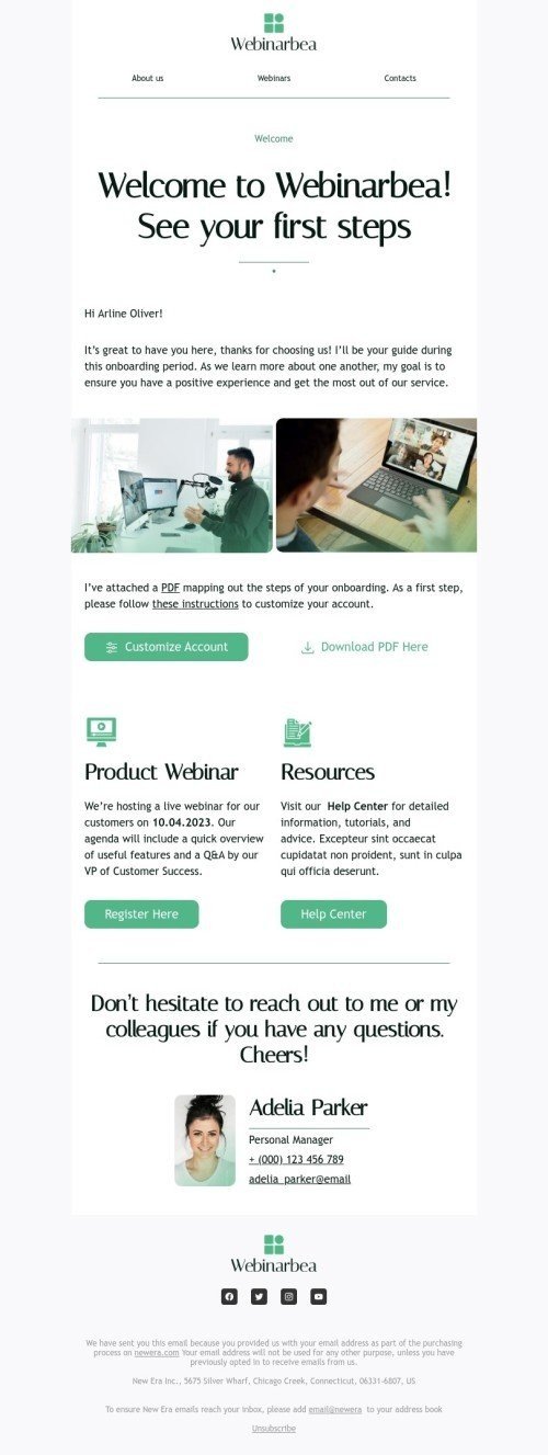 Promo email template «See your first steps» for webinars industrydesktop view