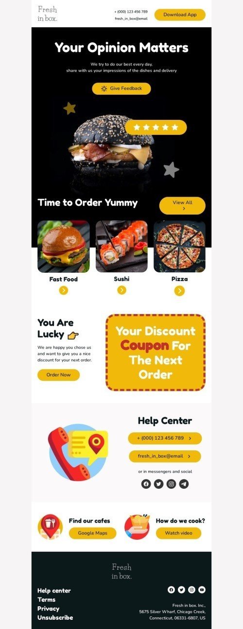 Promo email template "Your opinion matters" for food industrydesktop view