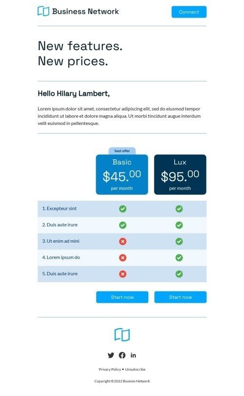 Promo email template «New features» for business industry mobile view