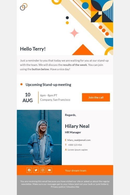 Promo email template «Upcoming stand-up meeting» for gadgets industrydesktop view