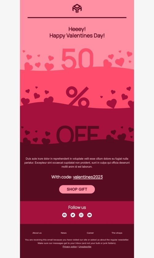Valentine’s Day email template «Rain of hearts» for fashion industry mobile view