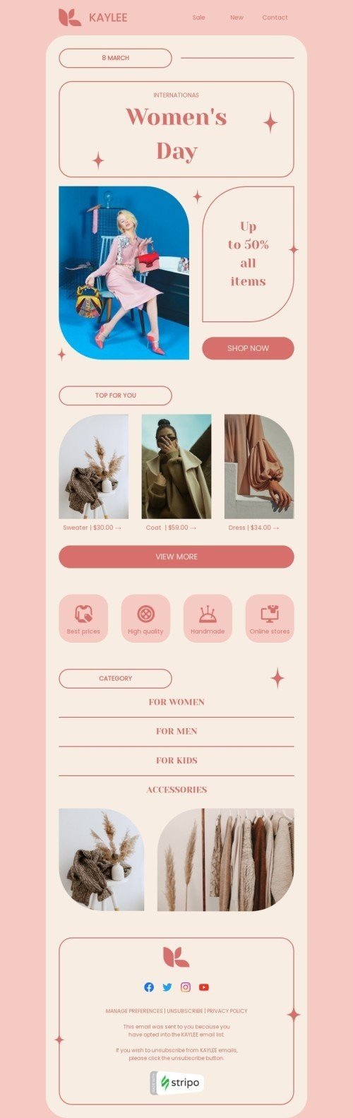 Women's Day email template "Pink Women's Day" for fashion industry mobile view