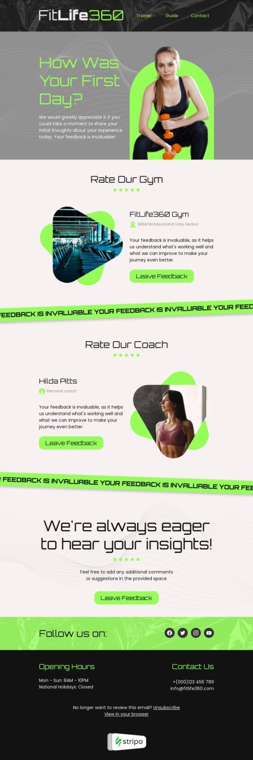 First day client feedback Email Template by :full name Stripo email First day client feedback Email Template by :full name Stripo email