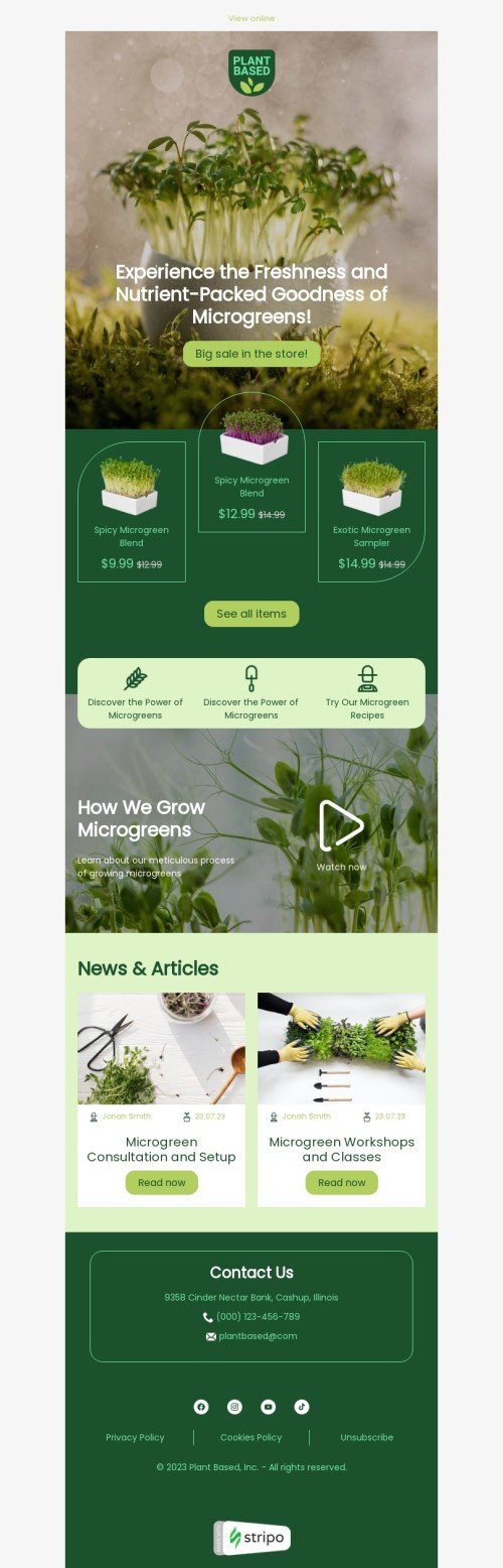 Promo email template "Power of microgreens" for agriculture industry mobile view