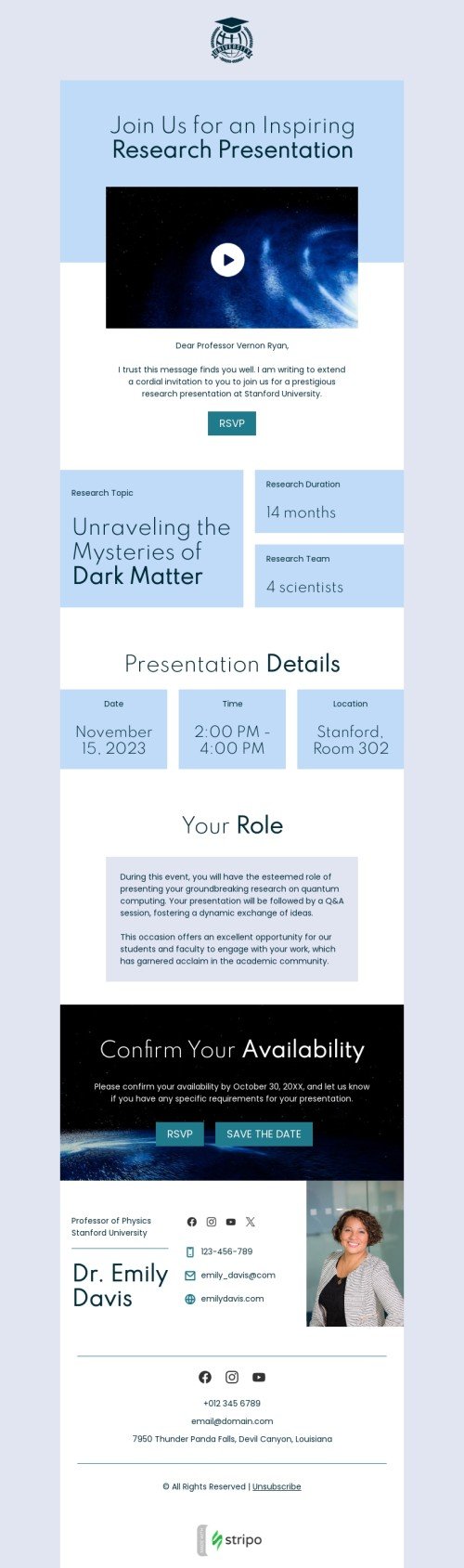 Events email template "Inspiring research presentation" for professor email industrydesktop view