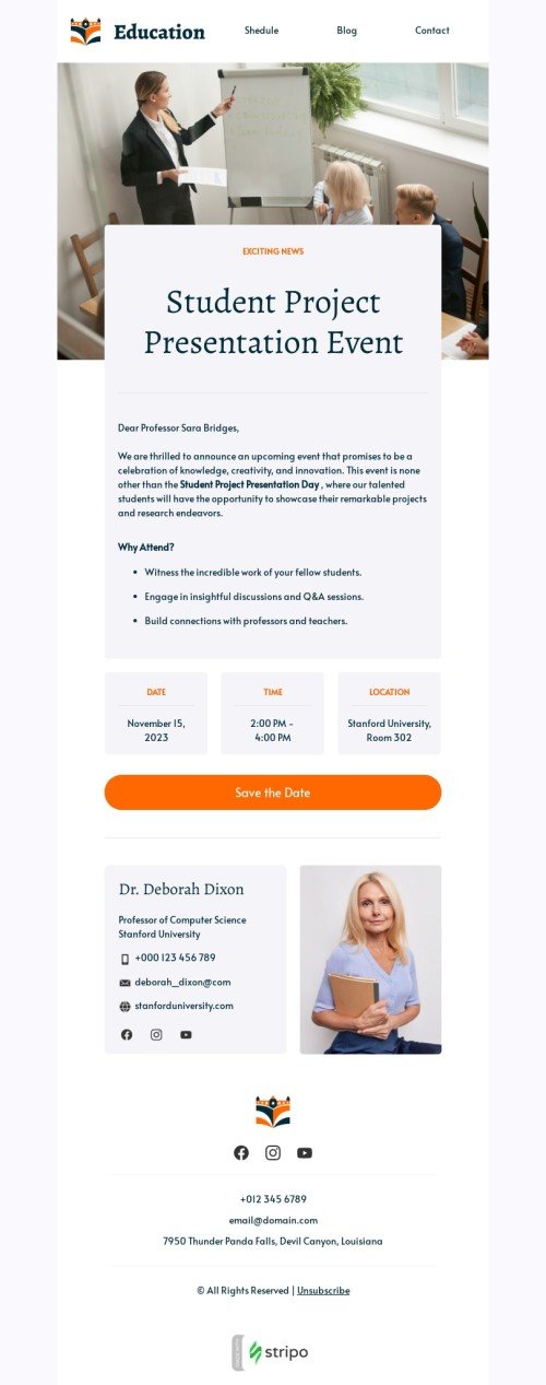Events email template "Student project presentation event" for academia industrydesktop view