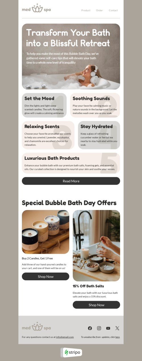 Bubble Bath Day email template "Transform your bath" for health and wellness industrydesktop view