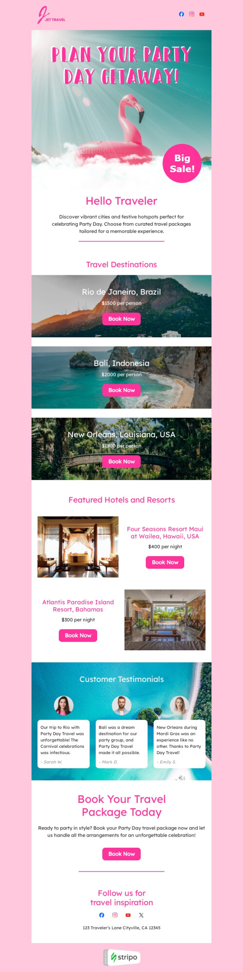 Party Day email template "Plan your party" for travel industry mobile view