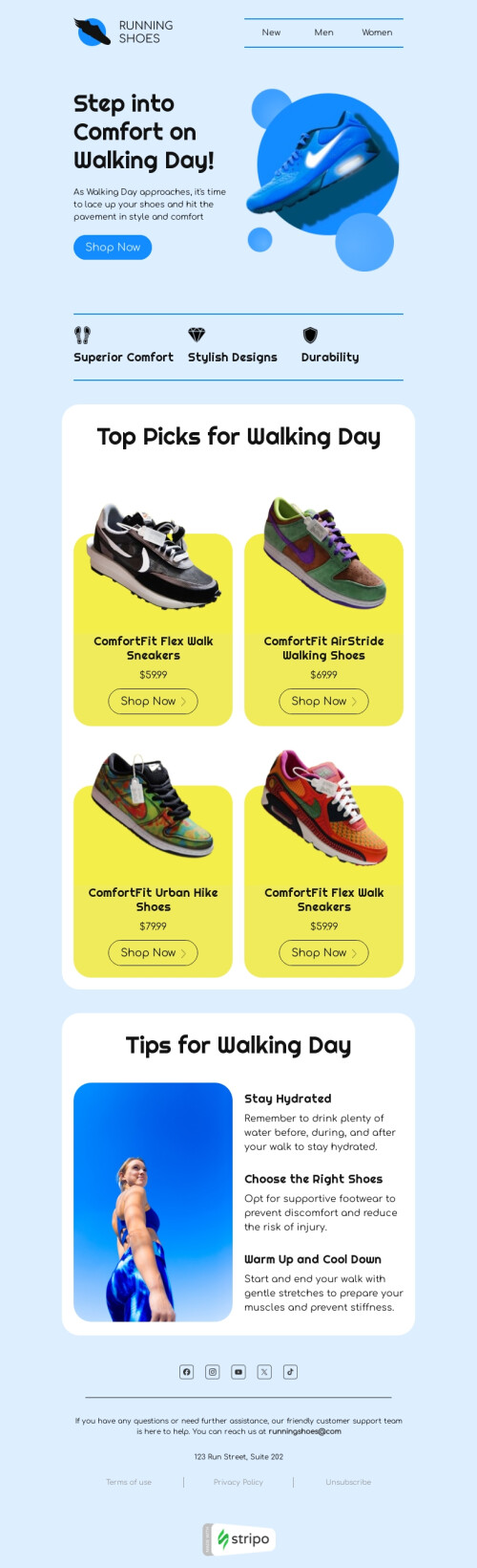 Walking Day email template "Step into Comfort" for fashion industry mobile view