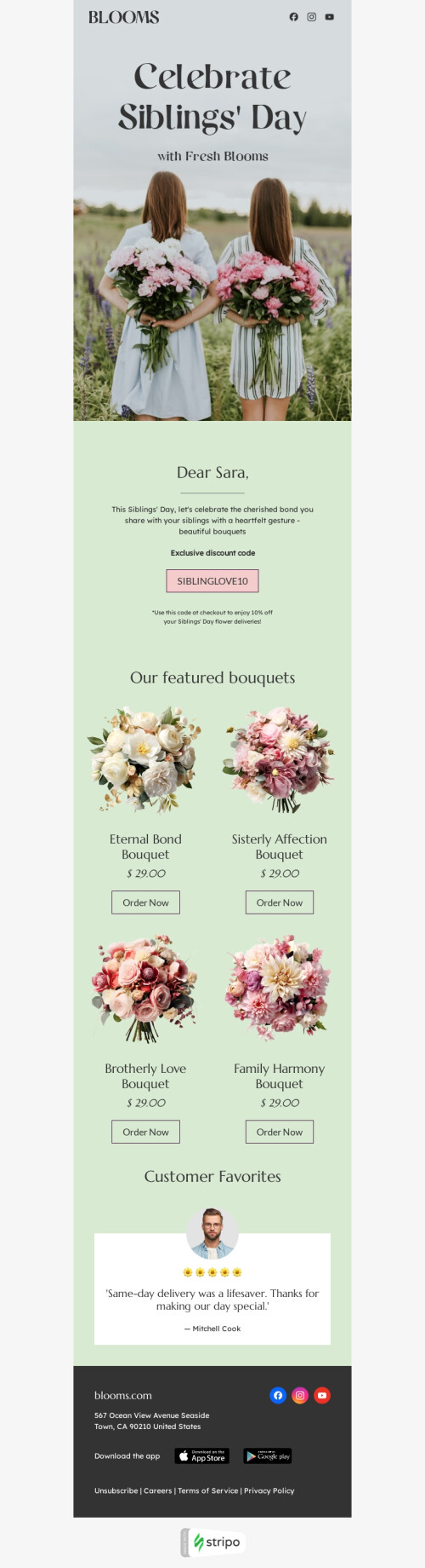 Siblings Day email template "Sibling love" for gifts & flowers industry mobile view