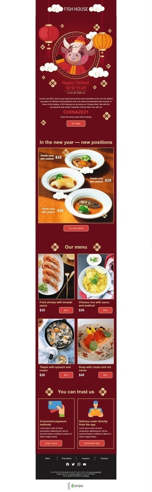 Chinese New Year Email Template «Fish house» for Food industry mobile view