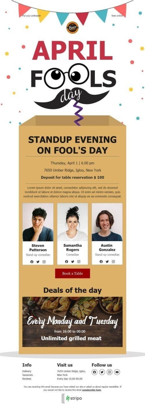 April Fools' Day Email Template «Standup evening» for Food industry desktop view
