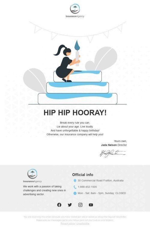 Modelo de E-mail de «Hip hip hooray!» de Aniversário para a indústria de SeguroVisualização de desktop