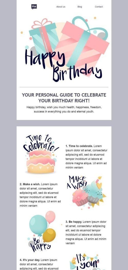 Birthday Email Template «Your holiday guide» for Publications & Blogging industry mobile view