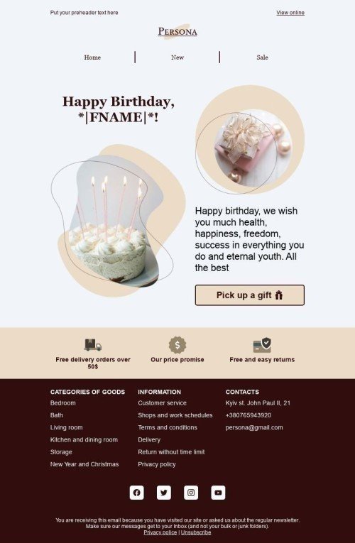 Modelo de E-mail de «Pegue um presente» de Aniversário para a indústria de Móveis, Decoração e DIYVisualização de desktop