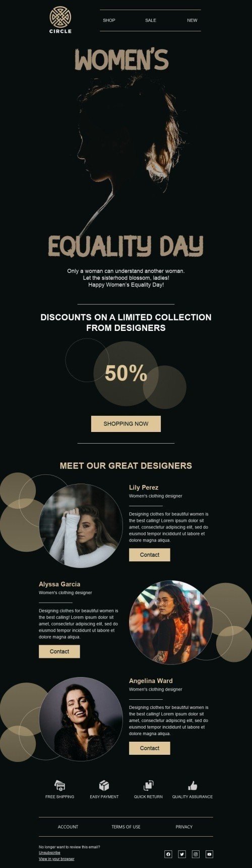 Women's Equality Day Email Template «Let the sisterhood blossom» for Fashion industry mobile view