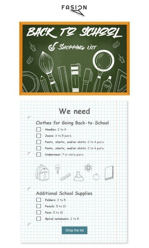 Back to School Email Template «Shopping list» for Fashion industry mobile view