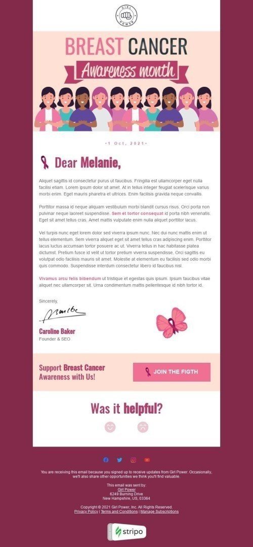 Шаблон письма к празднику Месяц борьбы с раком молочной железы «Поддержка по вопросам рака молочной железы» для индустрии «Дизайн шаблонов для некоммерческих email-кампаний»дектопный вид