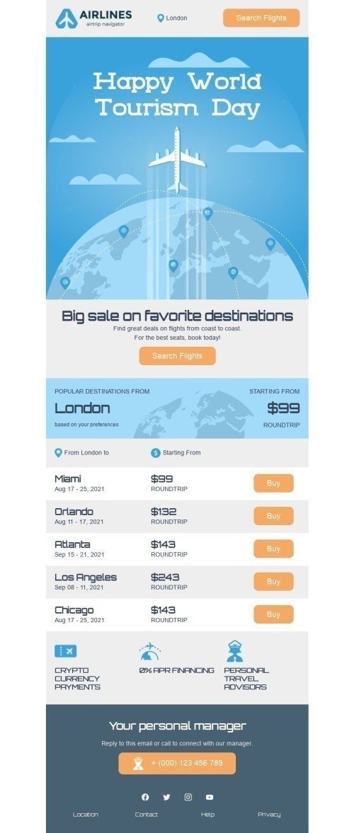 World Tourism Day Email Template «Roundtrip» for Travel industry mobile view